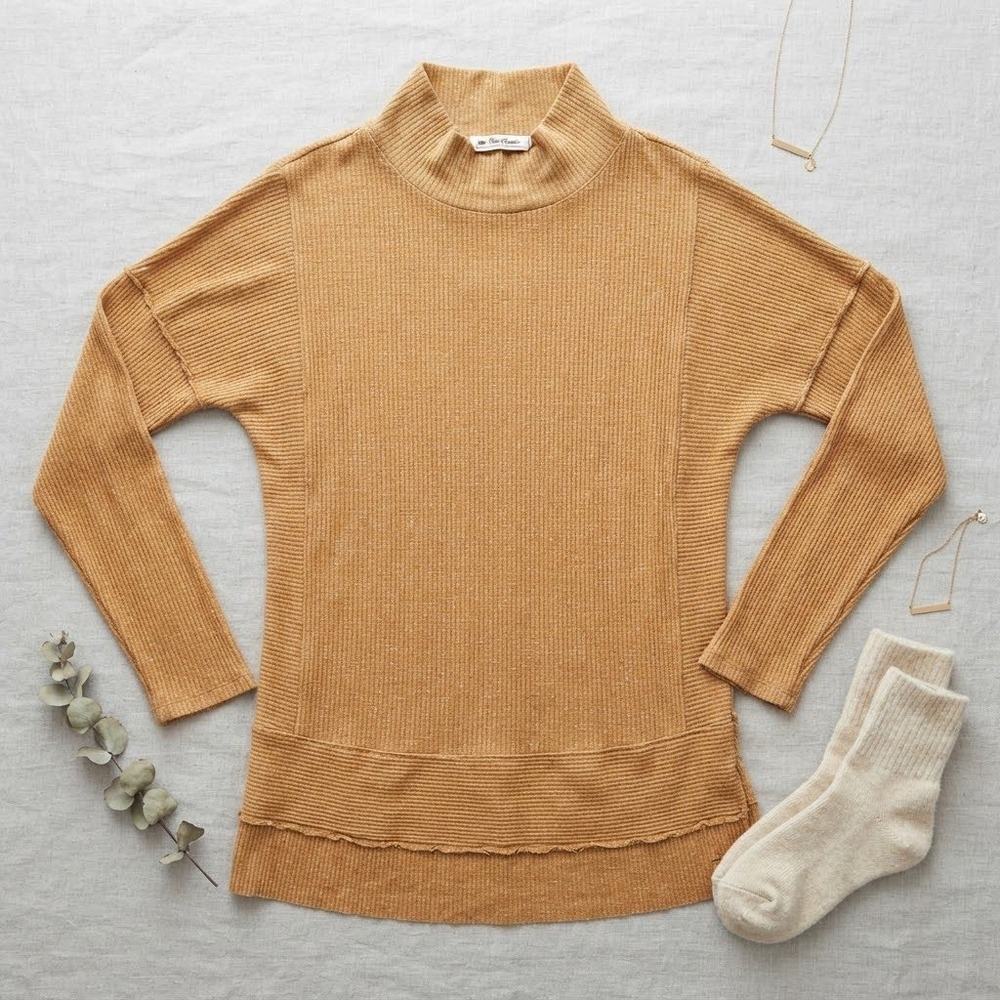 Free People We The Free Mock Neck Ribbed Thermal Top Tan Medium